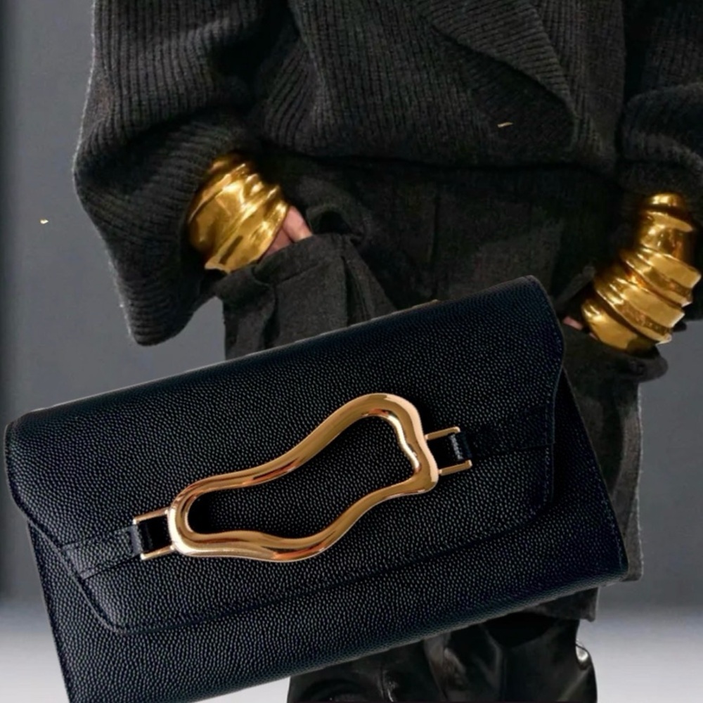 NWT Black Caviar Leather Clutch with Abstract Gold hardware and long gold chain